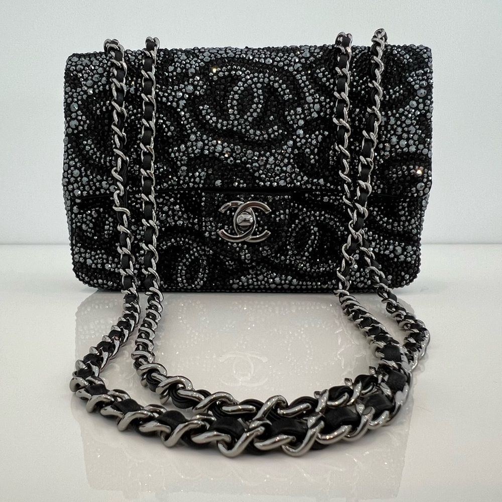 CHANEL 23A CC RUTHENIUM & BLACK CRYSTAL MINI FLAP BAG NWT!